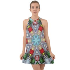 Geometric Symmetrical Symmetry Data Futuristic Halter Tie Back Chiffon Dress