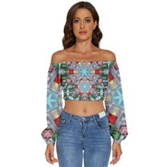 Geometric Symmetrical Symmetry Data Futuristic Long Sleeve Crinkled Weave Crop Top