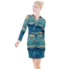 Art Pattern Artis Hands Illustration Button Long Sleeve Dress