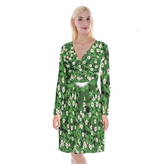 Daisies Clovers Lawn Digital Drawing Background Long Sleeve Velvet Front Wrap Dress