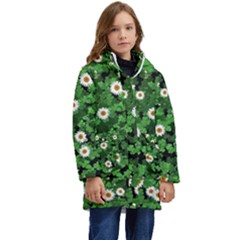 Daisies Clovers Lawn Digital Drawing Background Kid s Hooded Longline Puffer Jacket by Ravend
