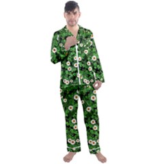 Daisies Clovers Lawn Digital Drawing Background Men s Long Sleeve Satin Pajamas Set by Ravend