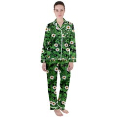 Daisies Clovers Lawn Digital Drawing Background Women s Long Sleeve Satin Pajamas Set	