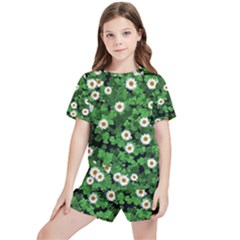 Daisies Clovers Lawn Digital Drawing Background Kids  Tee And Sports Shorts Set by Ravend
