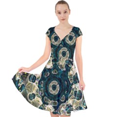 Fractal Glowing Kaleidoscope Wallpaper Art Design Cap Sleeve Front Wrap Midi Dress by Ravend