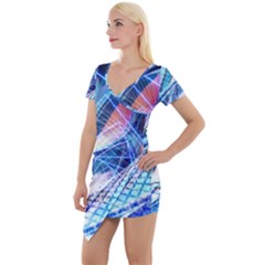 Background Neon Geometric Cubes Colorful Lights Short Sleeve Asymmetric Mini Dress