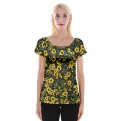 Sunflowers Yellow Flowers Flowers Digital Drawing Cap Sleeve Top