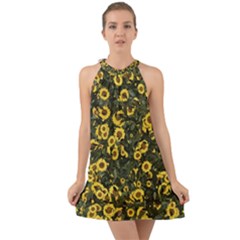 Sunflowers Yellow Flowers Flowers Digital Drawing Halter Tie Back Chiffon Dress