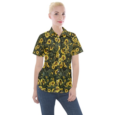 Sunflowers Yellow Flowers Flowers Digital Drawing Women s Short Sleeve Pocket Shirt by Ravend