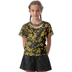 Sunflowers Yellow Flowers Flowers Digital Drawing Kids  Front Cut Tee by Ravend