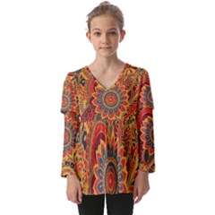 Bright Seamless Pattern-with-paisley-mehndi-elements-hand-drawn-wallpaper-with-floral-traditional-in Kids  V Neck Casual Top