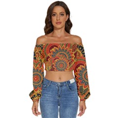 Bright Seamless Pattern-with-paisley-mehndi-elements-hand-drawn-wallpaper-with-floral-traditional-in Long Sleeve Crinkled Weave Crop Top