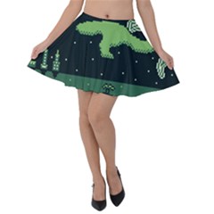 Ship Sea Monster Boat Island Night Pixel Velvet Skater Skirt by Pakemis