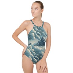 Mountains Alps Nature Clouds Sky Fresh Air High Neck One Piece Swimsuit