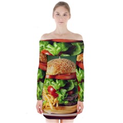 Hamburger Cheeseburger Burger 3d Render Snack Long Sleeve Off Shoulder Dress by Pakemis