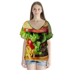 Hamburger Cheeseburger Burger 3d Render Snack V-neck Flutter Sleeve Top by Pakemis