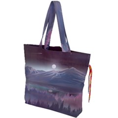 Mountains Nature Forest Moon Landscape Moonlight Drawstring Tote Bag by Pakemis