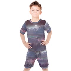 Mountains Nature Forest Moon Landscape Moonlight Kids  Tee And Shorts Set