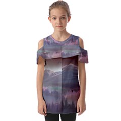 Mountains Nature Forest Moon Landscape Moonlight Fold Over Open Sleeve Top by Pakemis