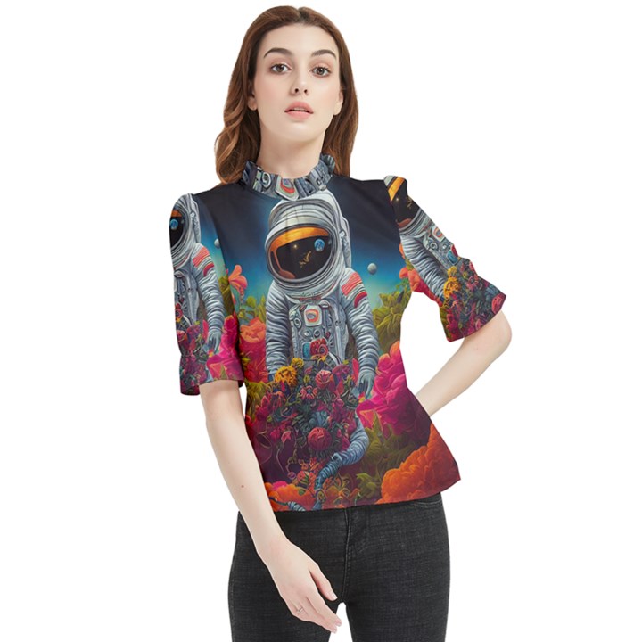 Astronaut Universe Planting Flowers Cosmos Galaxy Frill Neck Blouse
