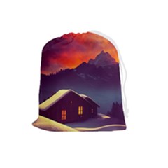 Cabin Mountains Snow Sun Winter Dusk Drawstring Pouch (large) by Pakemis