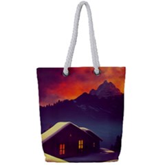 Cabin Mountains Snow Sun Winter Dusk Full Print Rope Handle Tote (small) by Pakemis