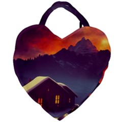 Cabin Mountains Snow Sun Winter Dusk Giant Heart Shaped Tote by Pakemis