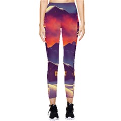 Cabin Mountains Snow Sun Winter Dusk Pocket Leggings  by Pakemis