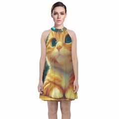 Cute Cat Cat Feline 3d Velvet Halter Neckline Dress  by Pakemis