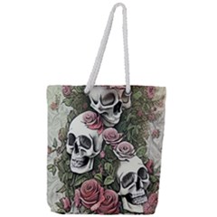 Skulls Roses Wallpaper Garden Artwork Full Print Rope Handle Tote (large)