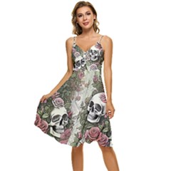 Skulls Roses Wallpaper Garden Artwork Sleeveless Tie Front Chiffon Dress by Pakemis