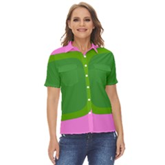 Pink And Green 1105 - Groovy Retro Style Art Women s Short Sleeve Double Pocket Shirt