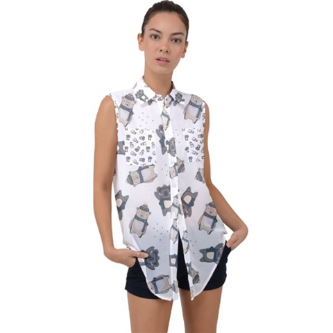 Cute Seamless Pattern With Koala Panda Bear Sleeveless Chiffon Button Shirt by Pakemis