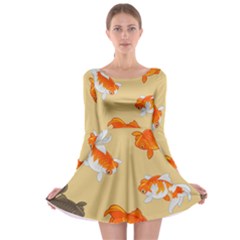 Gold Fish Seamless Pattern Background Long Sleeve Skater Dress by Pakemis