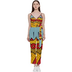 Pow Word Pop Art Style Expression Vector V-neck Spaghetti Strap Tie Front Jumpsuit by Pakemis