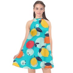 Pop Art Style Citrus Seamless Pattern Halter Neckline Chiffon Dress 