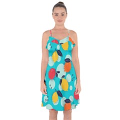 Pop Art Style Citrus Seamless Pattern Ruffle Detail Chiffon Dress