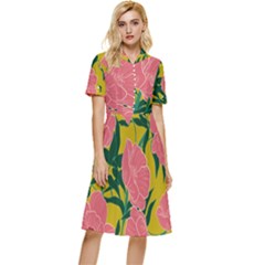 Pink Flower Seamless Pattern Button Top Knee Length Dress by Pakemis