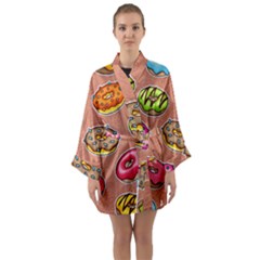 Doughnut Doodle Colorful Seamless Pattern Long Sleeve Satin Kimono by Pakemis