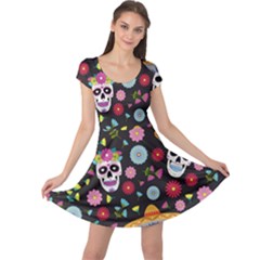 Day Dead Skull With Floral Ornament Flower Seamless Pattern Cap Sleeve Dress by Pakemis