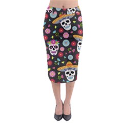 Day Dead Skull With Floral Ornament Flower Seamless Pattern Midi Pencil Skirt by Pakemis