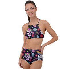 Day Dead Skull With Floral Ornament Flower Seamless Pattern High Waist Tankini Set by Pakemis