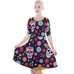 Day Dead Skull With Floral Ornament Flower Seamless Pattern Quarter Sleeve A-line Dress by Pakemis