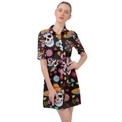 Day Dead Skull With Floral Ornament Flower Seamless Pattern Belted Shirt Dress