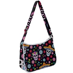 Day Dead Skull With Floral Ornament Flower Seamless Pattern Zip Up Shoulder Bag by Pakemis