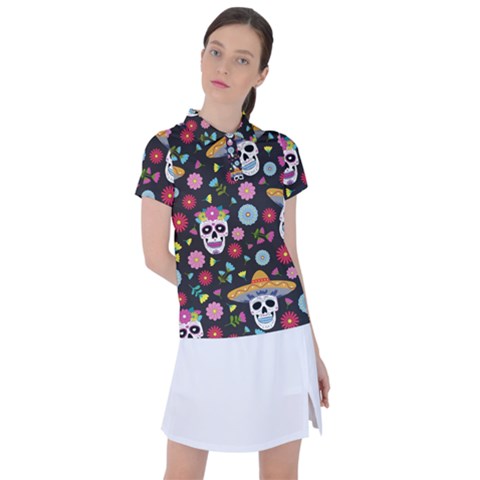 Day Dead Skull With Floral Ornament Flower Seamless Pattern Women s Polo Tee by Pakemis