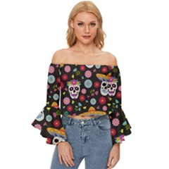 Day Dead Skull With Floral Ornament Flower Seamless Pattern Off Shoulder Flutter Bell Sleeve Top by Pakemis