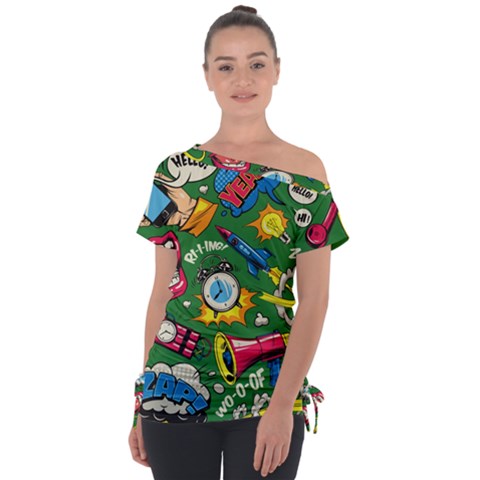 Pop Art Colorful Seamless Pattern Off Shoulder Tie-up Tee by Pakemis