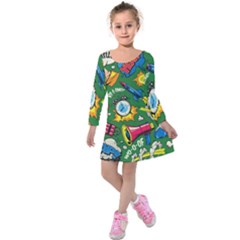 Pop Art Colorful Seamless Pattern Kids  Long Sleeve Velvet Dress by Pakemis