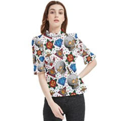 Full Color Flash Tattoo Patterns Frill Neck Blouse
